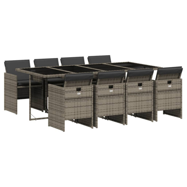 9 pcs conjunto de jantar p/ jardim c/ almofadões vime PE cinza M 2