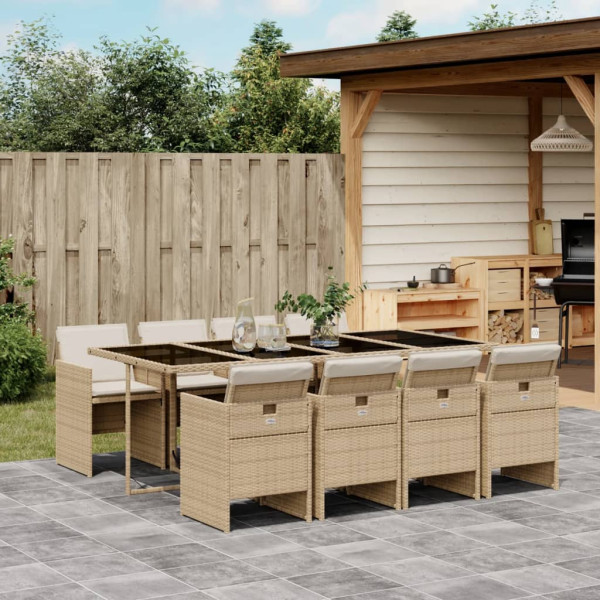 9 pcs conjunto de jantar p/ jardim com almofadões vime PE bege D