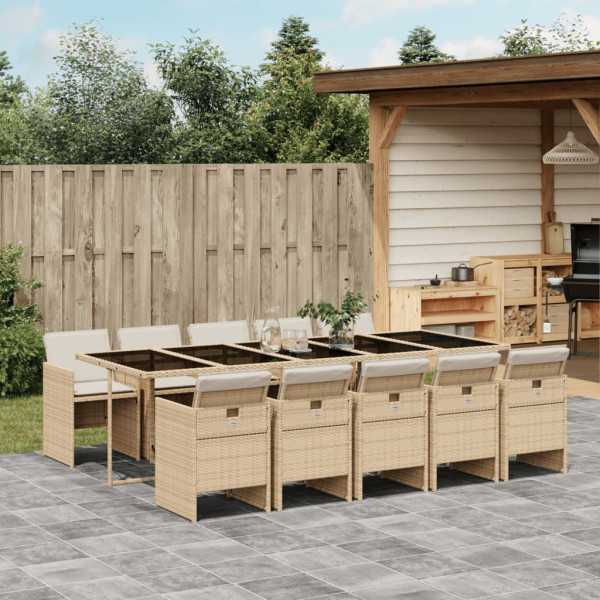11 pcs conjunto de jantar p/ jardim com almofadões vime PE bege D