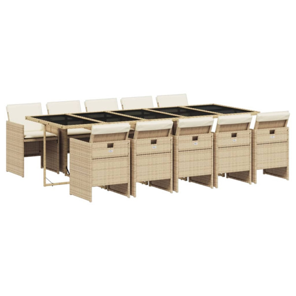 11 pcs conjunto de jantar p/ jardim com almofadões vime PE bege M 2