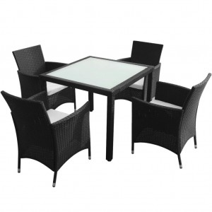 5 pcs conjunto jantar exterior com almofadões vime PE preto H
