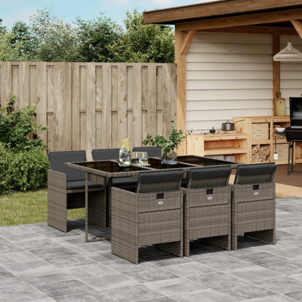 7 pcs conjunto de jantar p/ jardim c/ almofadões vime PE cinza D