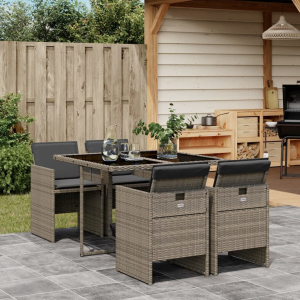5 pcs conjunto de jantar p/ jardim c/ almofadões vime PE cinza D