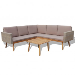 4 pcs conjunto lounge de jardim c/ almofadões vime PE cinzento H