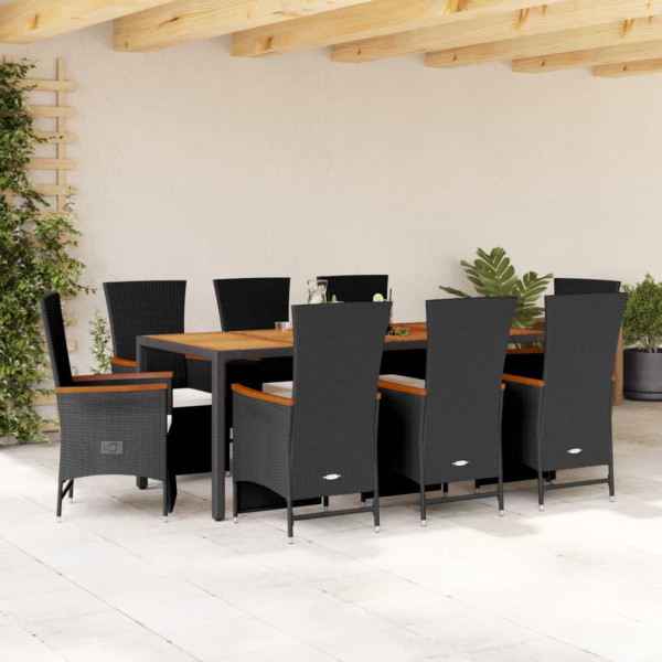 9 pcs conjunto de jantar p/ jardim c/ almofadões vime PE preto D