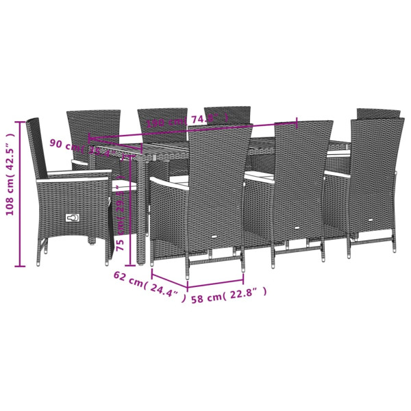 Set de comedor de jardín 9 pzas y cojines ratán sintético negro M 5