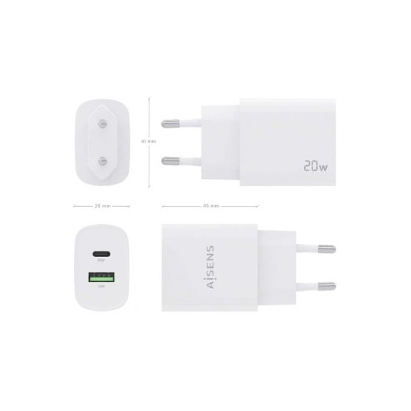 Cargador de pared aisens a110-0754/ 1xusb tipo-c/ 1x usb/ 20w M 4