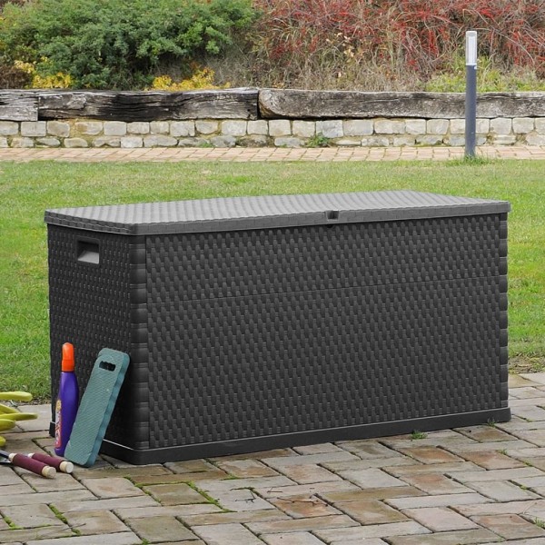 Caja de almacenamiento de jardín marrón ratán PP 120x56x63 cm M 5