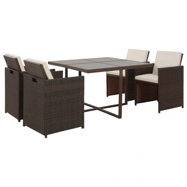 Set comedor de jardín 5 piezas y cojines ratán sintético marrón D