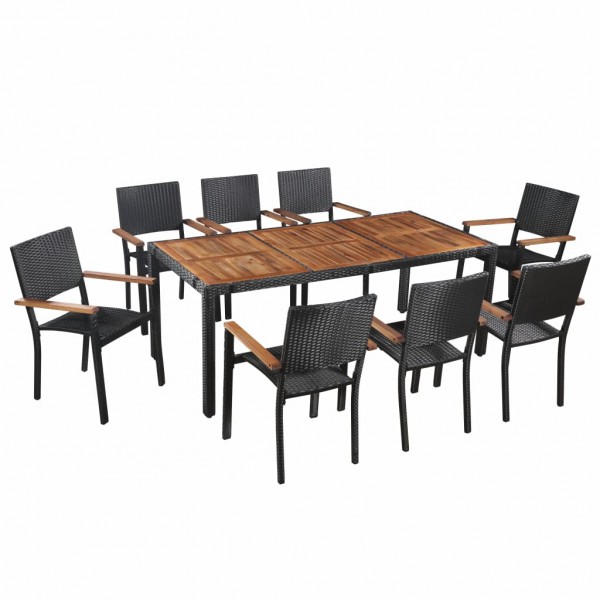 Set comedor jardín 9 pzas ratán sintético y madera acacia negro D