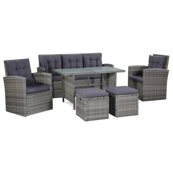 Set de muebles de jardín 6 pzas y cojines ratán sintético gris D