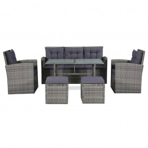 6 pcs conjunto lounge de jardim c/ almofadões vime PE cinzento H