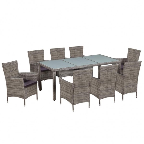 Set de comedor de jardín 9 pzas y cojines ratán sintético gris D