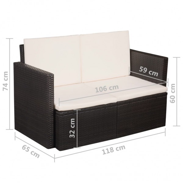 Sofá de jardim 2 lugares com almofadões vime PE castanho M 3