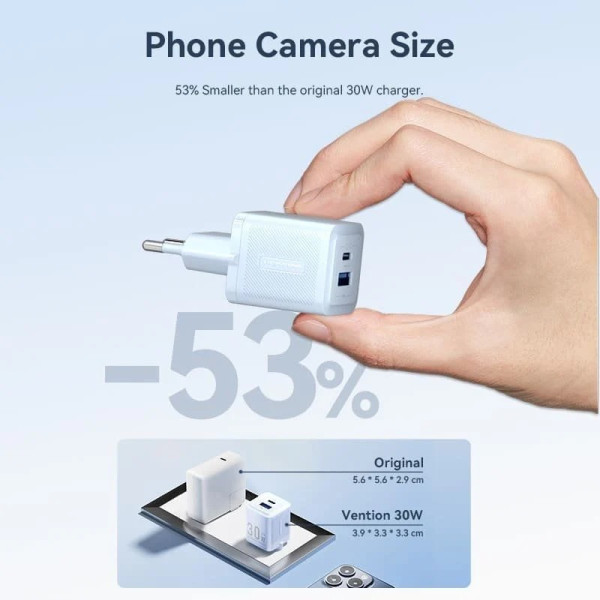 Cargador gan de pared vention feqp0-eu/ 1xusb tipo-c/ 1xusb/ 30w M 3