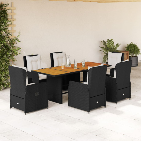 7 pcs conjunto de jantar p/ jardim c/ almofadões vime PE preto D