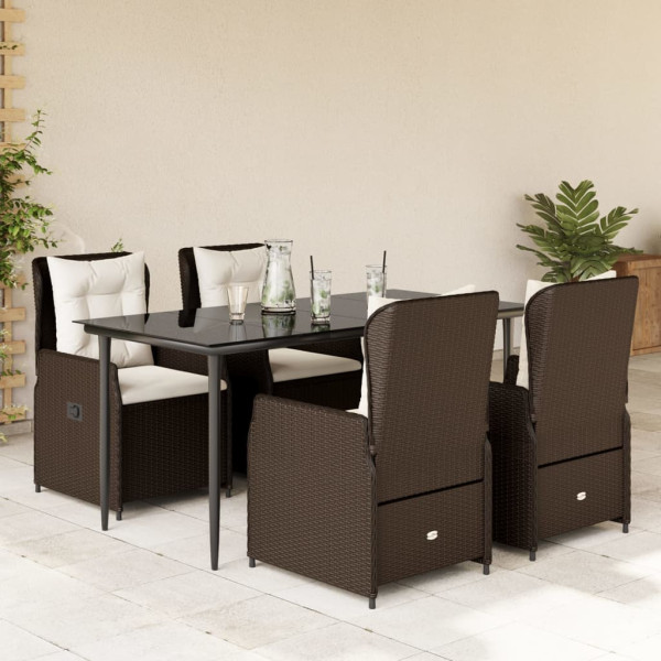 Set comedor de jardín 5 piezas y cojines ratán sintético marrón D