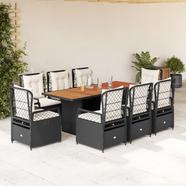 9 pcs conjunto de jantar p/ jardim c/ almofadões vime PE preto D