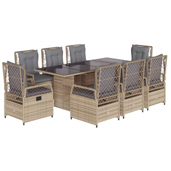 9 pcs conjunto de jantar p/ jardim com almofadões vime PE bege M 2