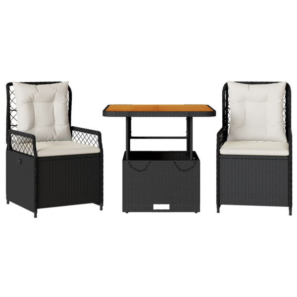 3 pcs conjunto de jantar p/ jardim c/ almofadões vime PE preto M 2