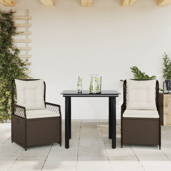 Set comedor de jardín 3 piezas y cojines ratán sintético marrón D