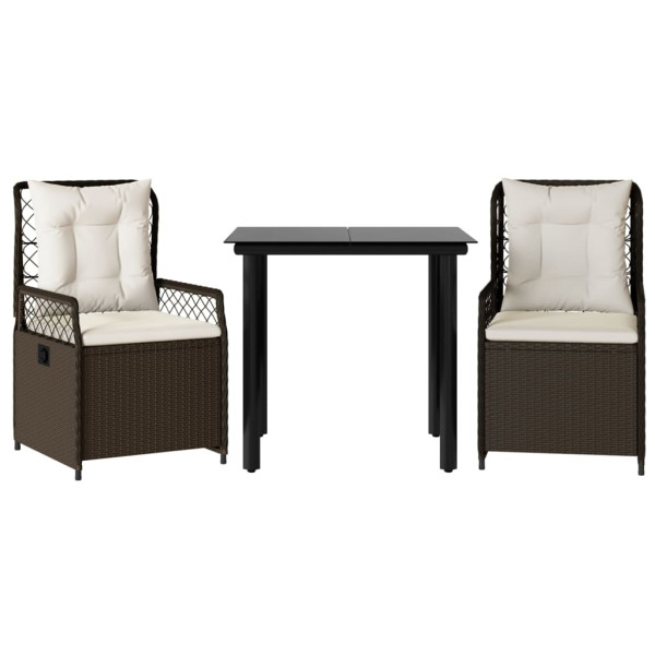 3 pcs conjunto jantar p/ jardim c/ almofadões vime PE castanho M 2