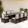 9 pcs conjunto jantar p/ jardim c/ almofadões vime PE castanho 1