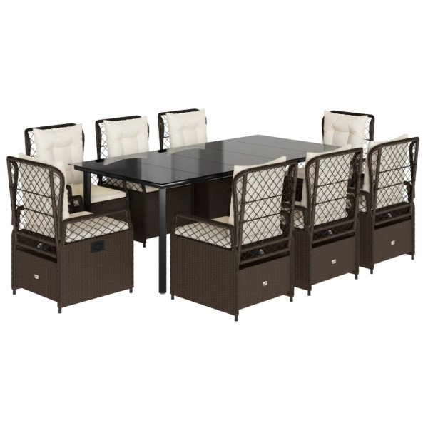 Set comedor para jardín 9 pzas y cojines ratán sintético marrón M 2