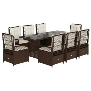 Set comedor para jardín 9 pzas y cojines ratán sintético marrón H