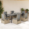 7 pcs conjunto de jantar p/ jardim com almofadões vime PE bege 1