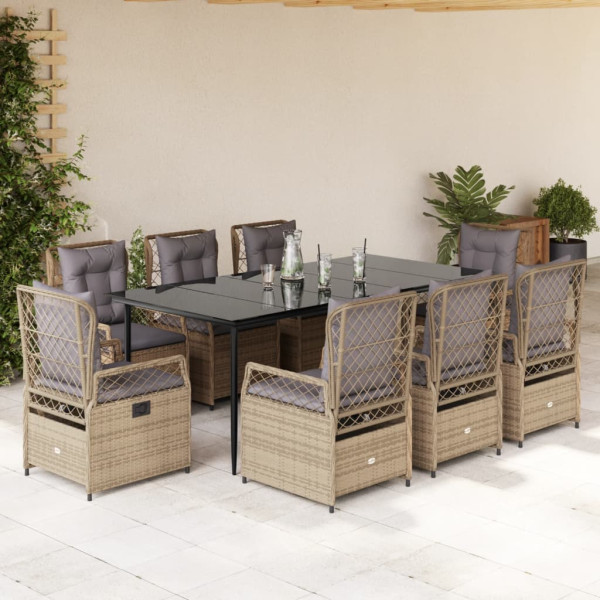 Set comedor de jardín 9 pzas con cojines ratán sintético beige D