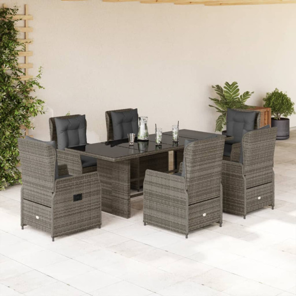 7 pcs conjunto de jantar p/ jardim c/ almofadões vime PE cinza D