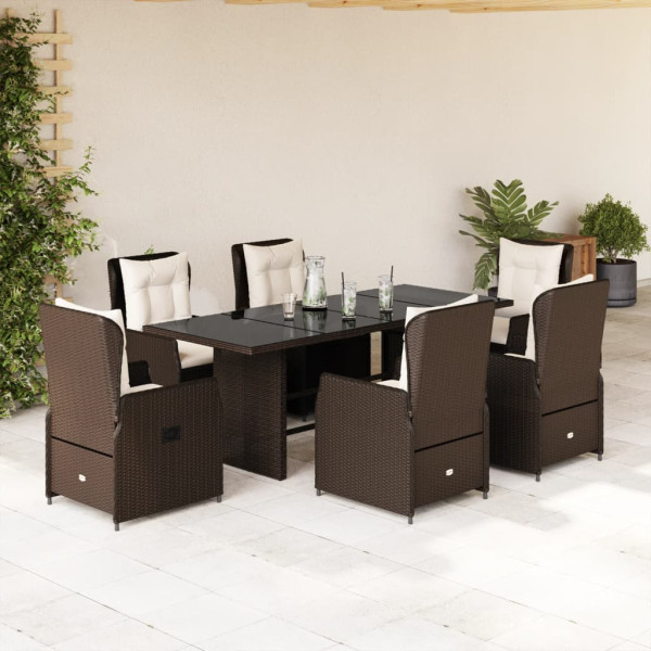 7 pcs conjunto jantar p/ jardim c/ almofadões vime PE castanho D