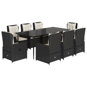 Set de comedor de jardín 9 pzas y cojines ratán sintético negro H