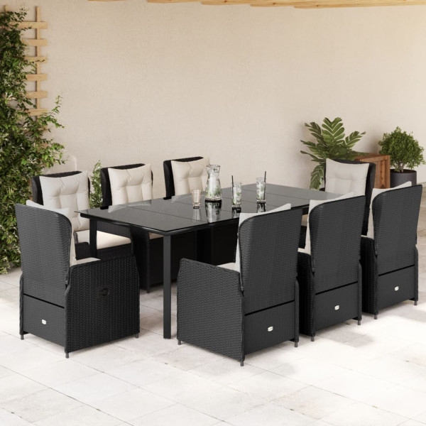 9 pcs conjunto de jantar p/ jardim c/ almofadões vime PE preto D