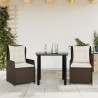 3 pcs conjunto jantar p/ jardim c/ almofadões vime PE castanho 1