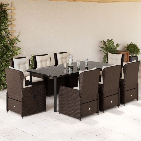 Set comedor para jardín 9 pzas y cojines ratán sintético marrón D