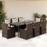 Set comedor para jardín 9 pzas y cojines ratán sintético marrón 1