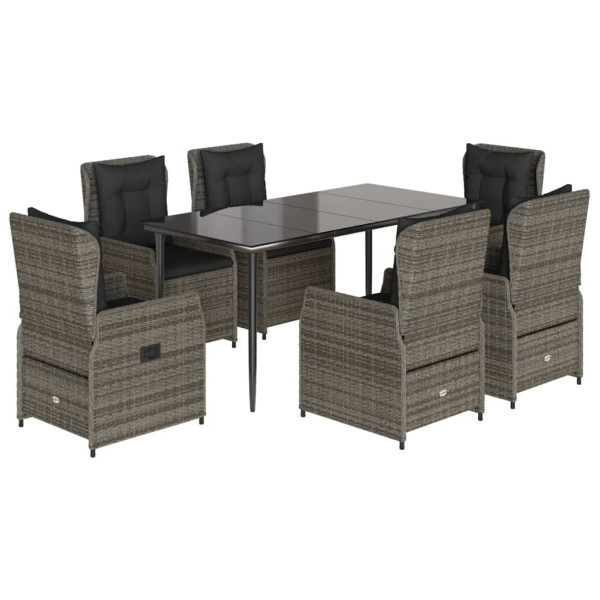 7 pcs conjunto de jantar p/ jardim c/ almofadões vime PE cinza M 2