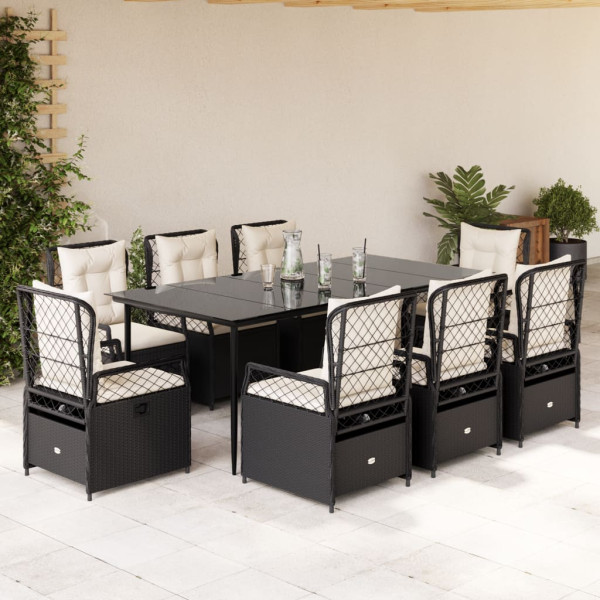 Set de comedor de jardín 9 pzas y cojines ratán sintético negro D