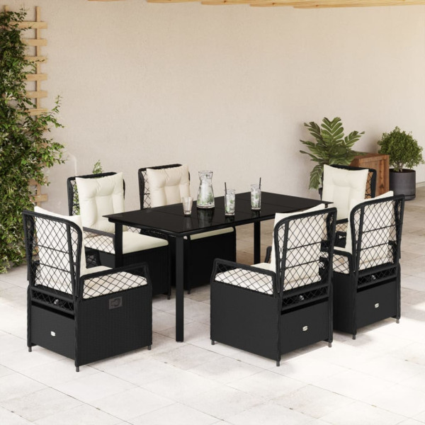 Set de comedor de jardín 7 pzas y cojines ratán sintético negro D