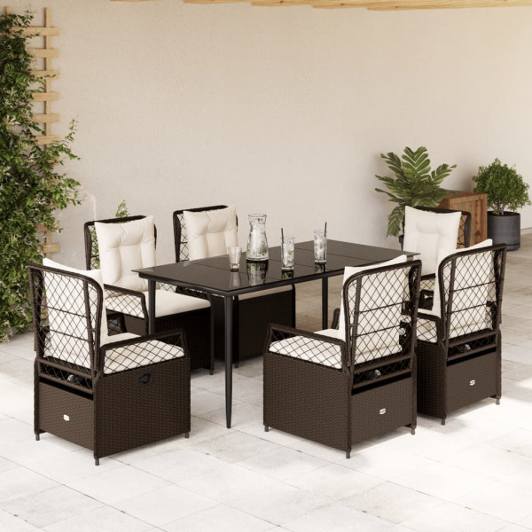 Set comedor de jardín 7 pzas con cojines ratán sintético marrón D