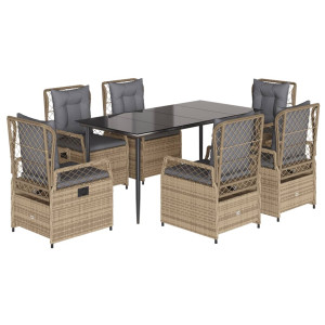 Set comedor de jardín 7 pzas con cojines ratán sintético beige H