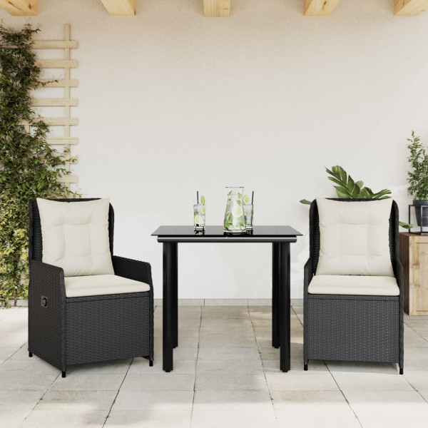 Set comedor de jardín 3 pzas con cojines ratán sintético negro D