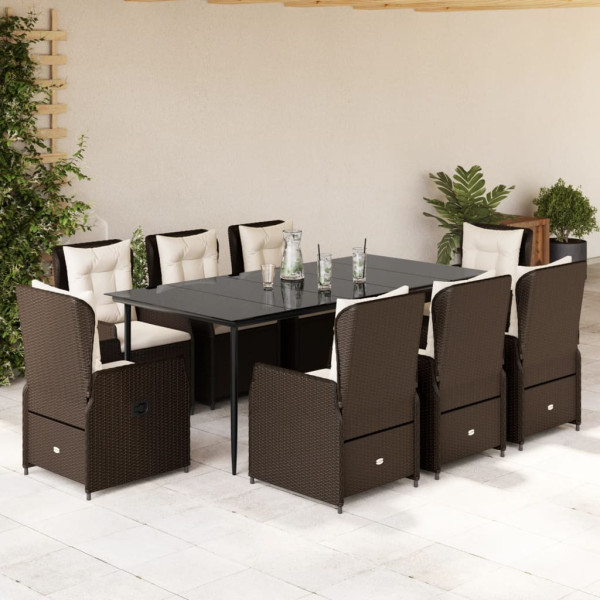 Set comedor para jardín 9 pzas y cojines ratán sintético marrón D