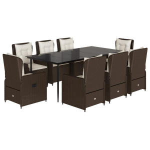 Set comedor para jardín 9 pzas y cojines ratán sintético marrón H