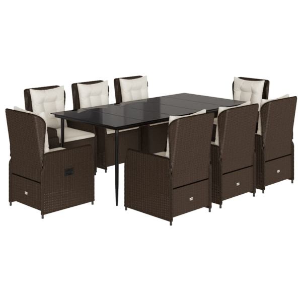 9 pcs conjunto jantar p/ jardim c/ almofadões vime PE castanho M 2