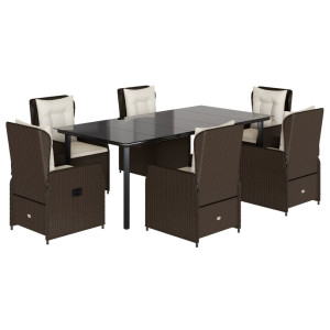 Set comedor de jardín 7 pzas con cojines ratán sintético marrón H