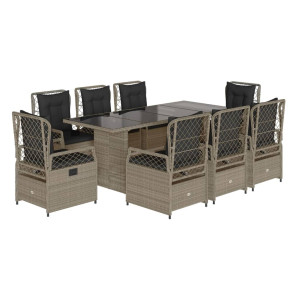 Set comedor de jardín 9 pzas cojines ratán sintético gris claro H