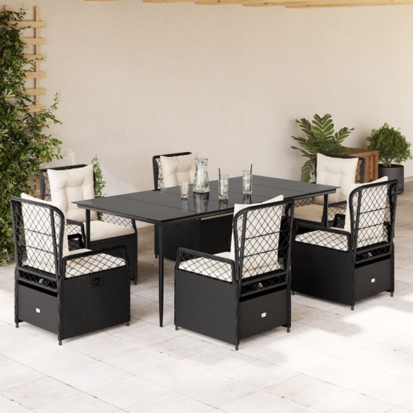 Set de comedor de jardín 7 pzas y cojines ratán sintético negro D